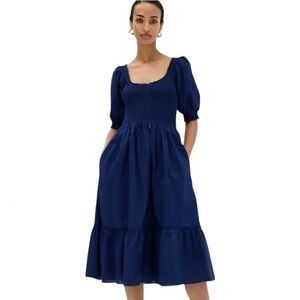 Hill House The Crepe Louisa Nap Midi Dress Navy Puff Sleeves Smocked Bodice